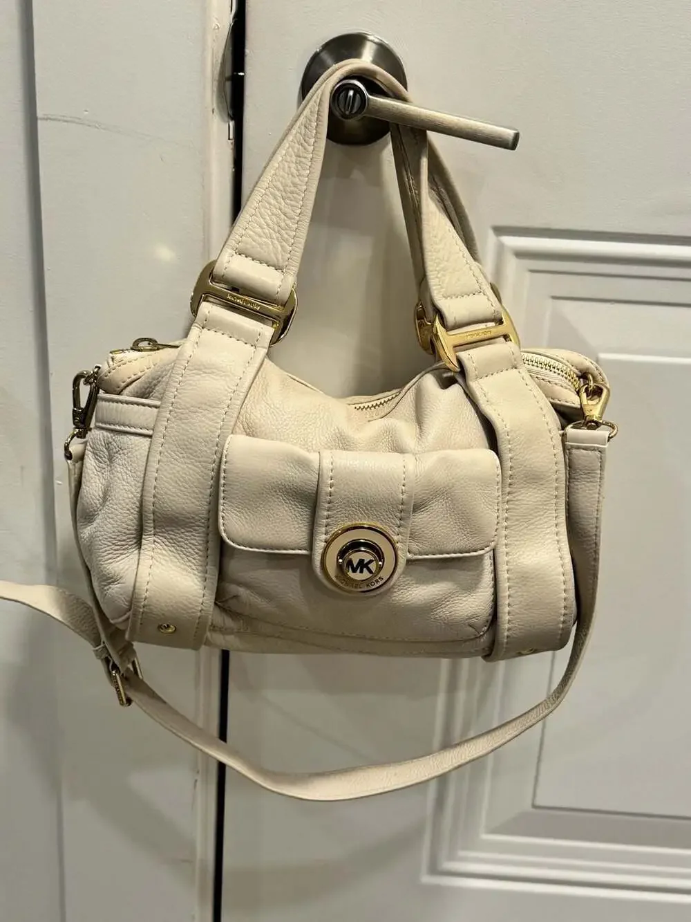 Michael Kors White Ivory Leather Satchel Crossbody Bag Gold Hardware MK